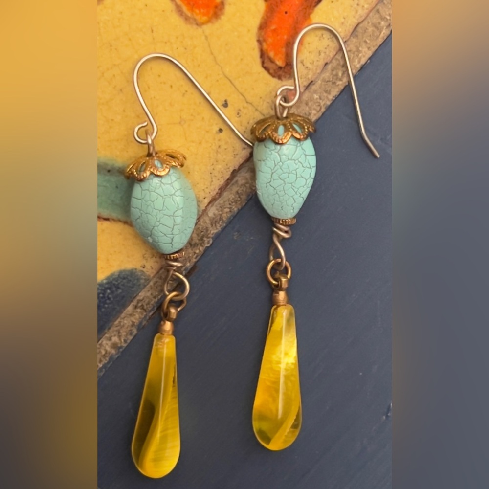 Vintage 1950s Style Faux Turquoise Yellow
Celluloid Handmade Earrings 2” Drop